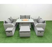 Fimous 9 Seater PE Wicker Rattan Furniture Sofa Sets with Firepit Dining Table 2 Seater Love Sofa 3 Stool 2 Side Table Light Grey Fimous Light Grey
