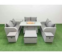 Fimous 9 Seater PE Wicker Rattan Furniture Sofa Sets with Firepit Dining Table 2 Seater Love Sofa 3 Stool Side Table Light Grey Fimous Light Grey