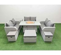 Fimous 9 Seater PE Wicker Rattan Furniture Sofa Sets with Firepit Dining Table 2 Seater Love Sofa 3 Stool Side Table Light Grey Fimous Light Grey