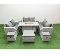 Fimous 9 Seater PE Wicker Rattan Furniture Sofa Sets with Firepit Dining Table 2 Seater Love Sofa 3 Stool 2 Side Table Light Grey Fimous Light Grey
