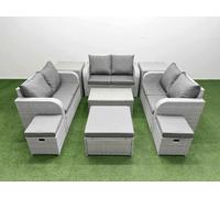 Fimous 9 Seater Pe Wicker Rattan Furniture Sofa Sets Rectangular Coffee Table 2 Seater Love Sofa 3 Stool 2 Side Table Light Grey