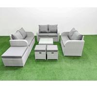 Fimous 9 Seater PE Wicker Rattan Furniture Sofa Sets with Square Coffee Table 2 Seater Love Sofa 3 Stool Light Grey