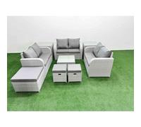 Fimous 9 Seater Pe Wicker Rattan Furniture Sofa Sets Square Coffee Table 2 Seater Love Sofa 3 Stool 2 Side Table Light Grey