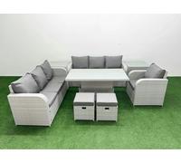 Fimous 9 Seater Poly Rattan Outdoor Garden Furniture Adjustable Lifting Dining or Coffee Table Sofa Set Stools 2 Side Table Light Grey