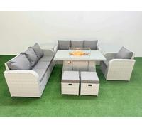 Fimous 9 Seater Poly Rattan Garden Furniture Patio Set, Firepit Table, 3 Seater Sofa, Reclining Chair, 3 Seater Sofa, Stools, Side Table, Light Grey