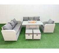 Fimous 9 Seater Rattan Outdoor Garden Furniture Set with Fire Pit Dining Table, 3 Seater Sofa, Reclining Chair, 3 Seater Sofa, Stools - Light Grey