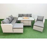 Fimous 9 Seater Rattan Outdoor Garden Furniture Fire Pit Dining Table Sofa Set 3 Seater Sofa Reclining Chair 3 Seater Sofa 2 Big Footstools Light Grey
