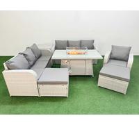 Fimous 9 Seater Poly Rattan Outdoor Garden Furniture Firepit Dining Table Sofa Set Patio 3 Seater Sofa Reclining Chair 3 Seater Sofa 2 Big Footstools Fimous Light Grey