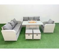 9 Seater Poly Rattan Outdoor Garden Furniture Firepit Dining Table Sofa Set Patio 3 Seater Sofa Reclining Chair 3 Seater Sofa Stools Light Grey Fimous Light Grey One Size