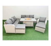 9 Seater Poly Rattan Outdoor Garden Furniture Firepit Dining Table Sofa Set Patio 3 Seater Sofa Reclining Chair 3 Seater Sofa 2 Big Footstools 2 Side Fimous Light Grey One Size