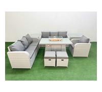 9 Seater Poly Rattan Outdoor Garden Furniture Firepit Dining Table Sofa Set Patio 3 Seater Sofa Reclining Chair 3 Seater Sofa Stools 2 Side Table Ligh Fimous Light Grey One Size