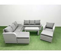 9 Seater Poly Rattan Outdoor Garden Furniture Oblong Coffee Table Sofa Set Patio 3 Seater Sofa Reclining Chair 3 Seater Sofa 2 Big Footstools Side Tab Fimous Light Grey One Size