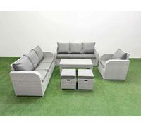 Fimous 9 Seater Poly Rattan Outdoor Garden Furniture Oblong Coffee Table Sofa Set Reclining Chair Stools Light Grey