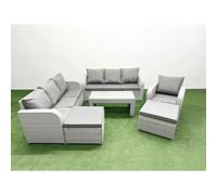 Fimous 9 Seater Poly Rattan Outdoor Garden Furniture Oblong Coffee Table Sofa Set Patio 3 Seater Sofa 2 Big Footstools Light Grey