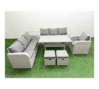 Fimous 9 Seater Poly Rattan Outdoor Garden Furniture Rectangular Dining Table Sofa Set 3 Seater Sofa Stools Side Table Light Grey