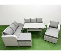 Fimous 9 Seater Poly Rattan Outdoor Garden Furniture Rectangular Dining Table Sofa Set 3 Seater Sofa 2 Big Footstools Light Grey
