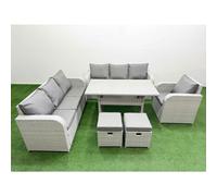 Fimous 9 Seater Light Grey Poly Rattan Outdoor Dining Set - Rectangular Table, 3-Seater Sofa, Reclining Chair & Stools