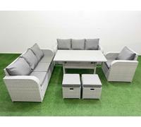 Fimous 9 Seater Light Grey Poly Rattan Outdoor Dining Set - Rectangular Table, 3-Seater Sofa, Reclining Chair & Stools