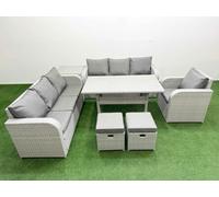 9 Seater Poly Rattan Outdoor Garden Furniture Rectangular Dining Table Sofa Set Patio 3 Seater Sofa Reclining Chair 3 Seater Sofa Stools Side Table Li Fimous Light Grey One Size