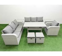 Fimous 9 Seater Poly Rattan Outdoor Garden Furniture Rectangular Dining Table Sofa Set Patio 3 Seater Sofa Reclining Chair 3 Seater Sofa Stools 2 Fimous Light Grey