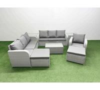 Fimous 9 Seater Light Grey Poly Rattan Outdoor Sofa Set - 3-Seater Sofa, Reclining Chair, 2 Big Footstools & 2 Side Tables
