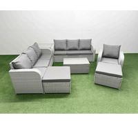 Fimous 9 Seater Poly Rattan Outdoor Garden Furniture Sofa Set Patio 3 Seater Sofa Reclining Chair 3 Seater Sofa 2 Big Footstools Side Table Light Grey