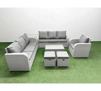 Fimous 9 Seater Poly Rattan Outdoor Garden Furniture Sofa Set Patio 3 Seater Sofa Reclining Chair 3 Seater Sofa Stools Side Table Light Grey