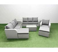Fimous 9 Seater Light Grey Poly Rattan Outdoor Sofa Set - 3-Seater Sofa, Reclining Chair, 2 Big Footstools & 2 Side Tables