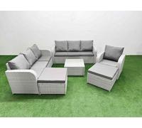 Fimous 9 Seater Rattan Outdoor Garden Furniture Square Coffee Table Sofa Set 3 Seater Sofa Reclining Chair 3 Seater Sofa 2 Big Footstools Light Grey