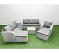 9 Seater Poly Rattan Outdoor Garden Furniture Square Coffee Table Sofa Set Patio 3 Seater Sofa Reclining Chair 3 Seater Sofa 2 Big Footstools Side Tab Fimous Light Grey One Size