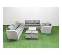 Fimous 9 Seater Poly Rattan Outdoor Garden Furniture Square Coffee Table Sofa Set Patio 3 Seater Sofa Reclining Chair 3 Seater Sofa Stools 2 Side Fimous Light Grey