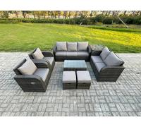 Fimous 9 Seater Rattan Conservatory Sofa Set - Rectangular Coffee Table, 3-Seater Sofa, Loveseat, 2 Small Footstools & Side Table