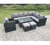 Fimous 9 Seater Rattan Corner Sofa Lounge Sofa Set With Rectangular Coffee Table 2 Stool Dark Grey Mixed Right Hand