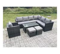 Fimous 9 Seater Rattan Corner Sofa Lounge Sofa Set With Rectangular Coffee Table 2 Stool Dark Grey Mixed Right Hand