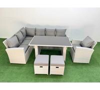 Fimous 9 Seater Rattan Corner Sofa Outdoor Garden Furniture Set with Rectangular Dining Table Lounge Sofa 2 Small Footstools Armchair Light Grey