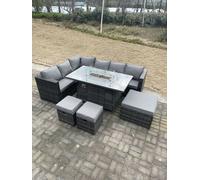 Fimous 9 Seater Rattan Corner Sofa Set Gas Firepit Dining Table Set Patio Heater Burner With Big Footstool Dark Grey Mixed