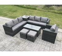 Fimous 9 Seater Rattan Corner Sofa Set With Square Side Table And Oblong Rectangular Coffee Tea Table Arm Chair 2 Stools