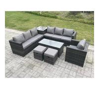 Fimous 9 Seater Rattan Corner Sofa Set With Square Side Table and Rectangular Coffee Table, Arm Chair & 2 Stools - Dark Grey Mixed