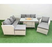 9 Seater Poly Rattan Outdoor Garden Furniture Firepit Dining Table Sofa Set Patio 3 Seater Sofa Reclining Chair 3 Seater Sofa 2 Big Footstools 2 Side Fimous Light Grey One Size