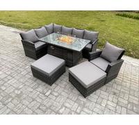 Fimous 9-Seater Rattan High Back Corner Sofa Dining Set | Gas Fire Pit Table & Heater, Armchair, 2 Footstools | Dark Grey