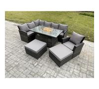 Fimous 9-Seater Rattan High Back Corner Sofa Dining Set | Gas Fire Pit Table & Heater, Armchair, 2 Footstools | Dark Grey