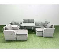 Fimous 9 Seater Rattan Garden Furniture Set Outdoor Love Sofa Set with Rectangular Dining Table 2 Side Tables 3 Footstools Light Grey