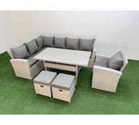 Fimous 9 Seater Rattan Garden Furniture Set Outdoor Patio Dining Corner Sofa Sets with Dining Table Chair 2 Small Footstools Light Grey Mixed