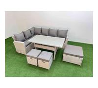 Fimous 9 Seater Rattan Garden Furniture Set Outdoor Patio Dining Corner Sofa Sets with Dining Table 3 Footstools Light Grey Mixed