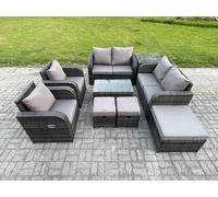Fimous 9 Seater Rattan Garden Furniture Set Patio Outdoor Lounge Sofa Set with Rectangular Coffee Table 3 Footstools Love Sofa Side Table in Dark Grey Fimous Dark Grey