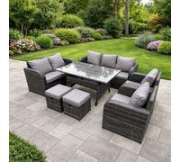 Fimous 9 Seater Dark Grey PE Wicker Rattan Garden Furniture Set Reclining Chair Love Seat 3 Seater Sofa Set Outdoor Rectangular Dining Table Stools