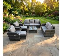 Fimous 9 Seater Garden Furniture Set Rattan Outdoor Lounge Sofa Chair With Tempered Glass Table 2 Small Footstools Dark Grey Mixed