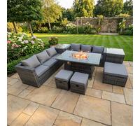 Fimous 9 Seater Rattan Garden Furniture Set with Fire Pit Dining Table, 2 Sofas, 2 Side Tables & 3 Footstools - Dark Grey