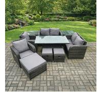 Fimous 9 Seater Rattan Garden Furniture Set with Height Adjustable Dining Table, 2 Chairs, 2 Sofas, 2 Side Tables & 3 Footstools - Dark Grey