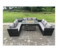Fimous 9 Seater Rattan Garden Furniture Sofa Set Outdoor Patio Gas Fire Pit Dining Table Gas Heater Burner With Side Table Dark Grey Mixed